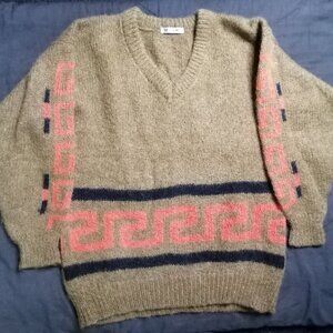 Vintage Japanese Geometric Pattern V-Neck Wool Sweater